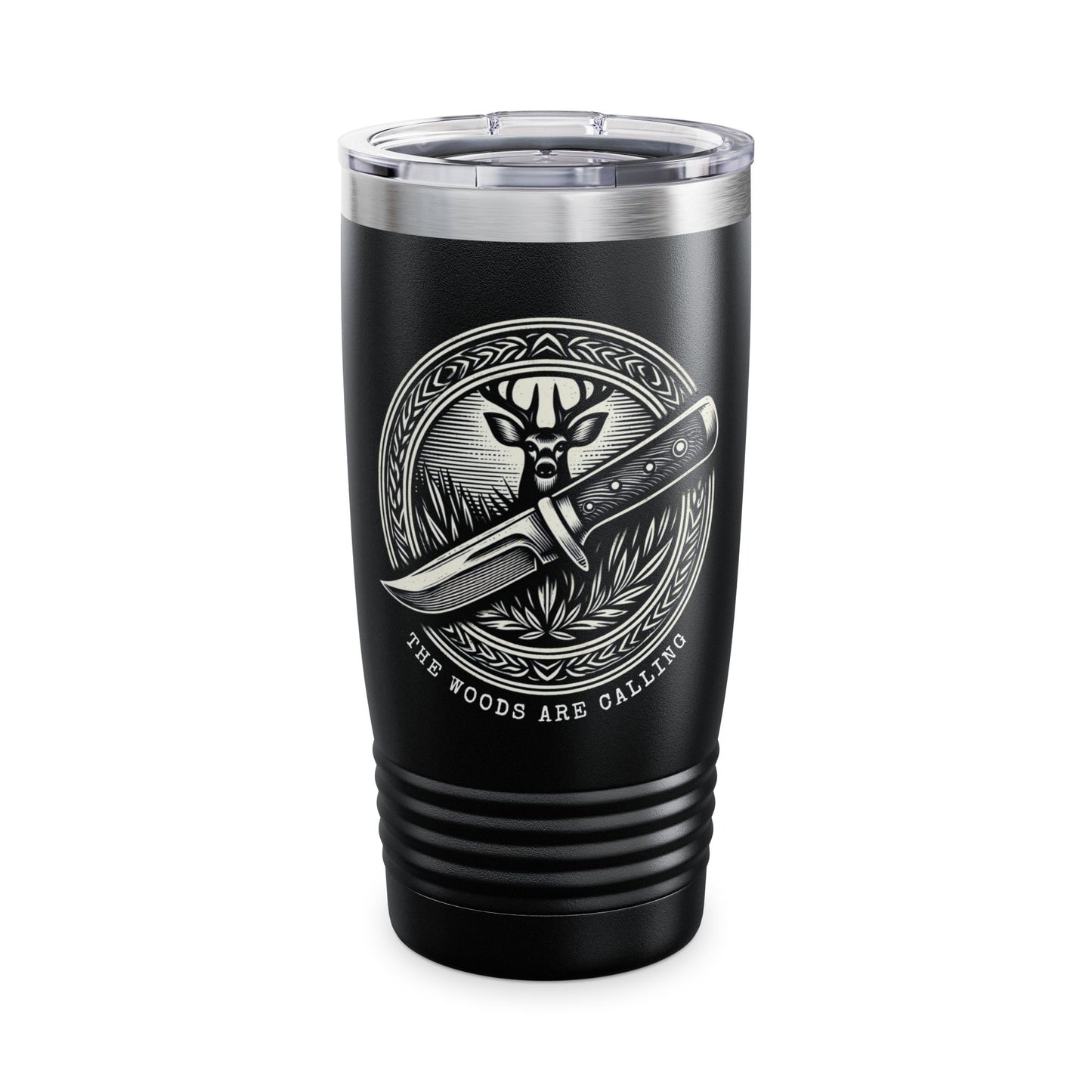 Rustic 20oz Deer & Knife Insulated Tumbler - The Woods Are Calling - Stainless Steel Travel Mug with Lid