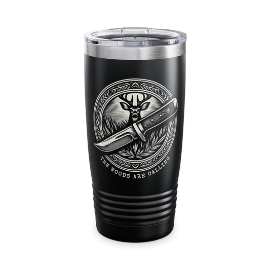 Rustic 20oz Deer & Knife Insulated Tumbler - The Woods Are Calling - Stainless Steel Travel Mug with Lid