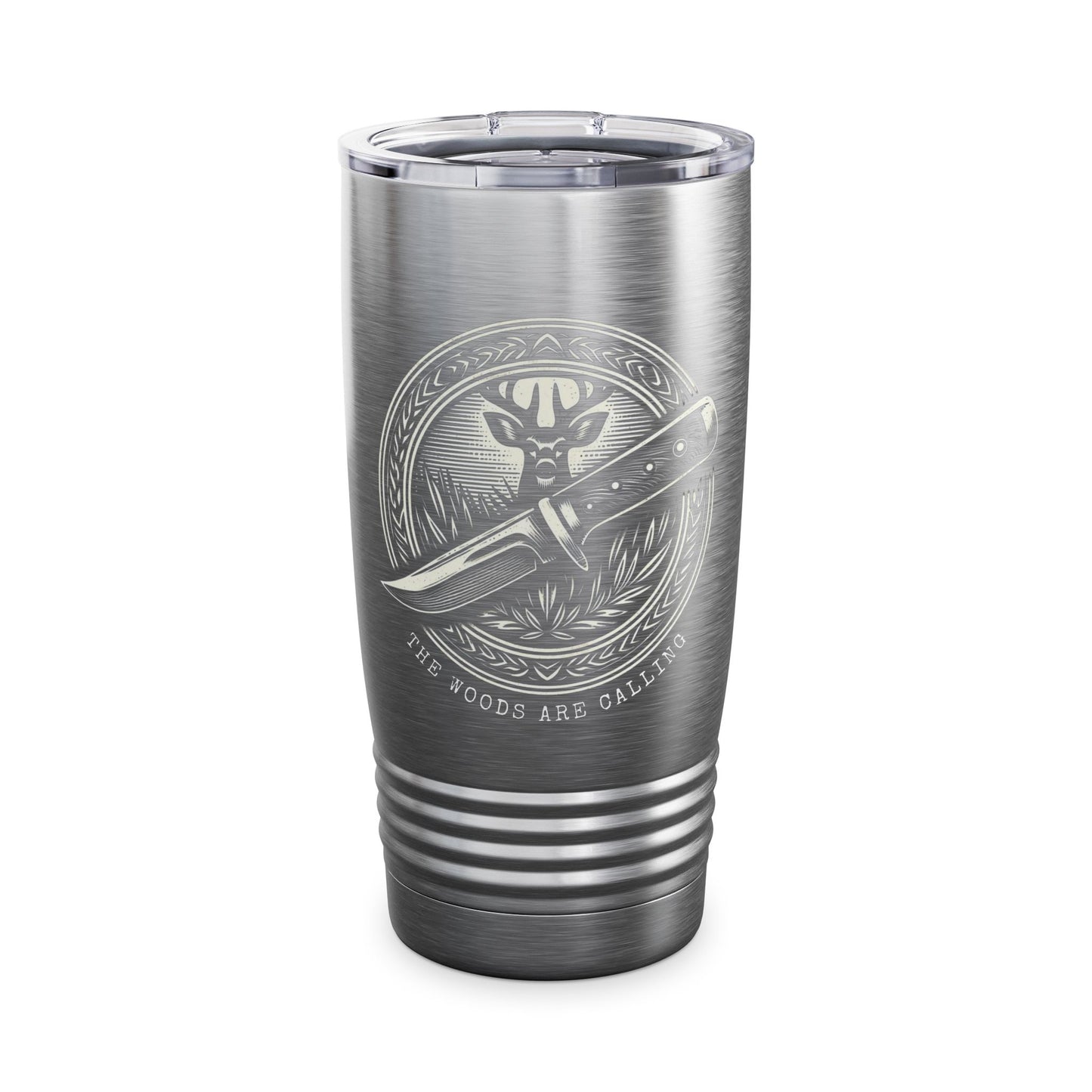 Rustic 20oz Deer & Knife Insulated Tumbler - The Woods Are Calling - Stainless Steel Travel Mug with Lid