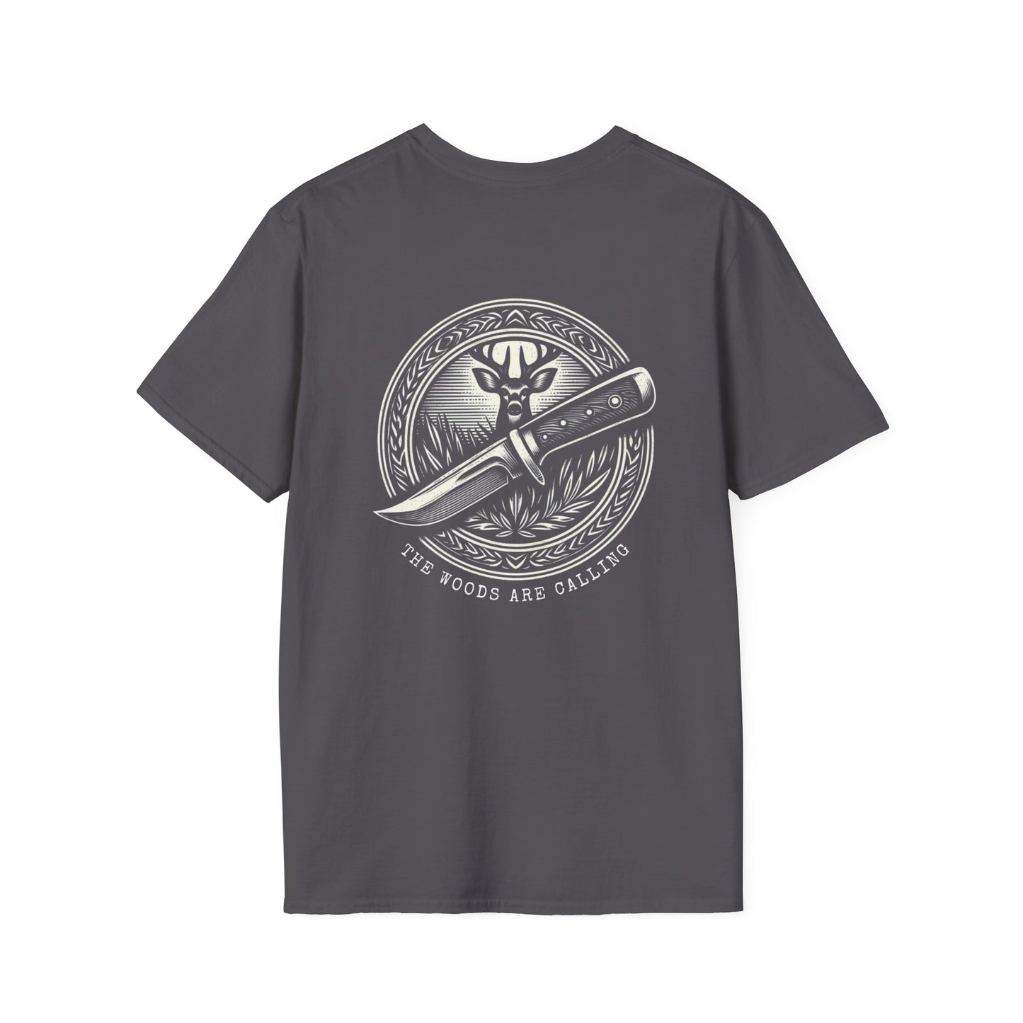 The woods are calling Tee - Unisex Deer and Knife Print T-Shirt for Outdoor Enthusiasts and Nature Lovers