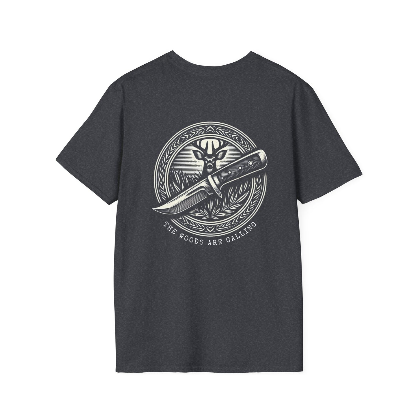 The woods are calling Tee - Unisex Deer and Knife Print T-Shirt for Outdoor Enthusiasts and Nature Lovers