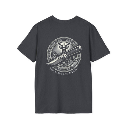 The woods are calling Tee - Unisex Deer and Knife Print T-Shirt for Outdoor Enthusiasts and Nature Lovers
