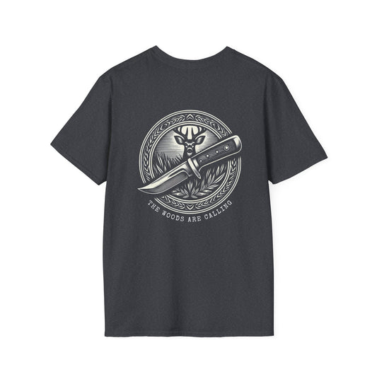 The woods are calling Tee - Unisex Deer and Knife Print T-Shirt for Outdoor Enthusiasts and Nature Lovers