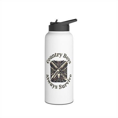 Rustic Resilience - ‘Country Boys Always Survive’ Stainless Steel Water Bottle - Eco-Friendly, Insulated, Leak-Proof - 12oz/24oz/32oz