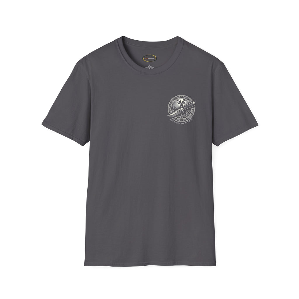 The woods are calling Tee - Unisex Deer and Knife Print T-Shirt for Outdoor Enthusiasts and Nature Lovers