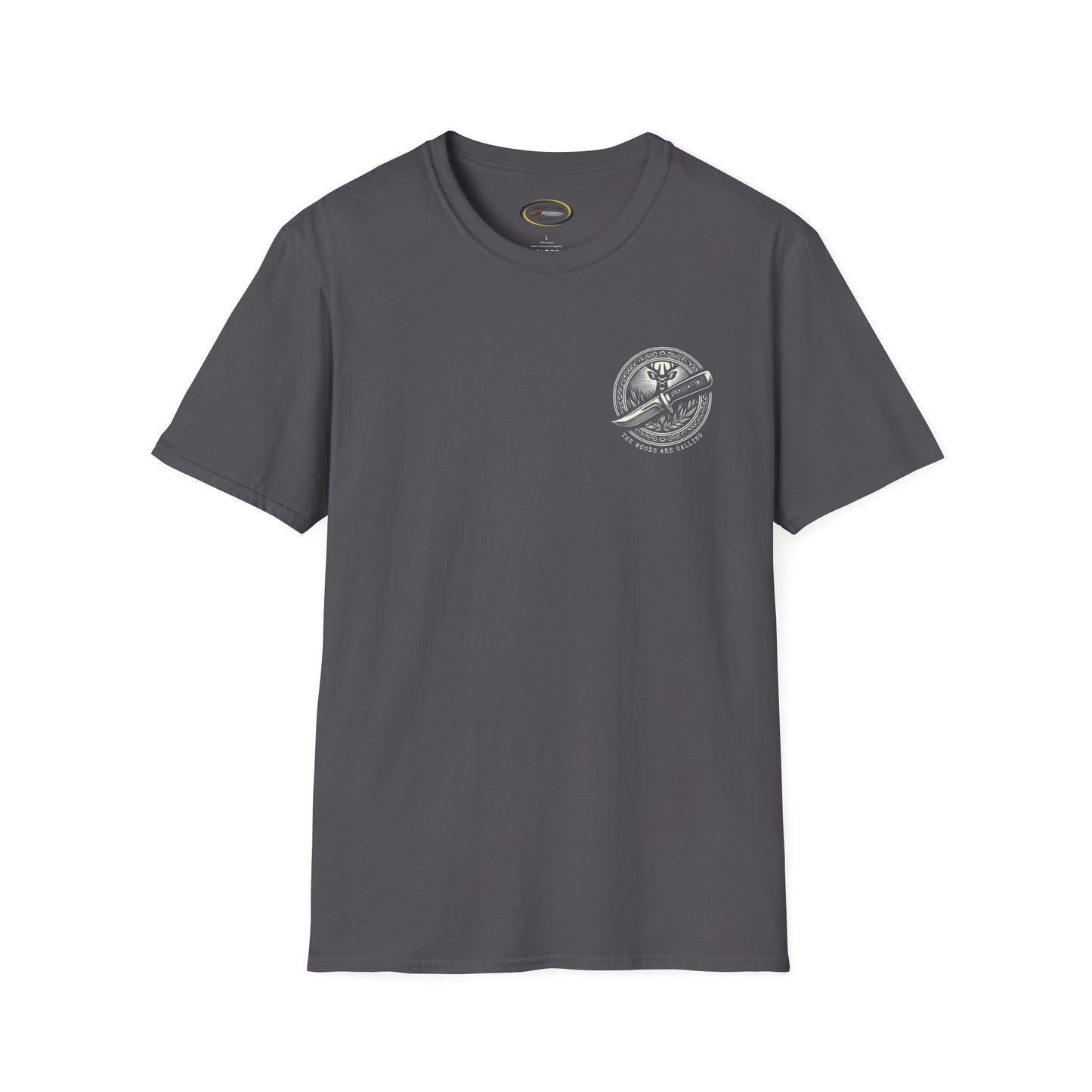 The woods are calling Tee - Unisex Deer and Knife Print T-Shirt for Outdoor Enthusiasts and Nature Lovers