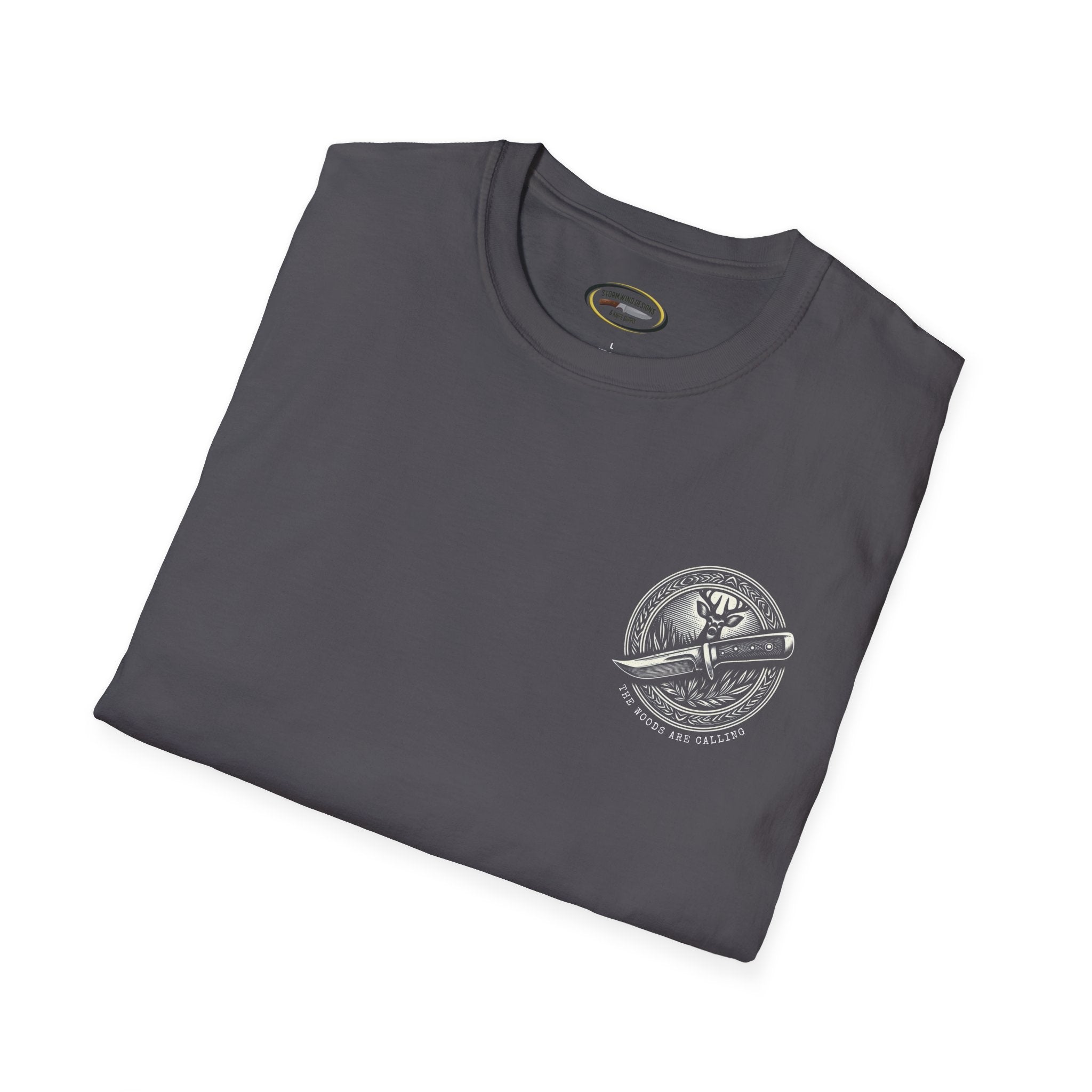The woods are calling Tee - Unisex Deer and Knife Print T-Shirt for Outdoor Enthusiasts and Nature Lovers
