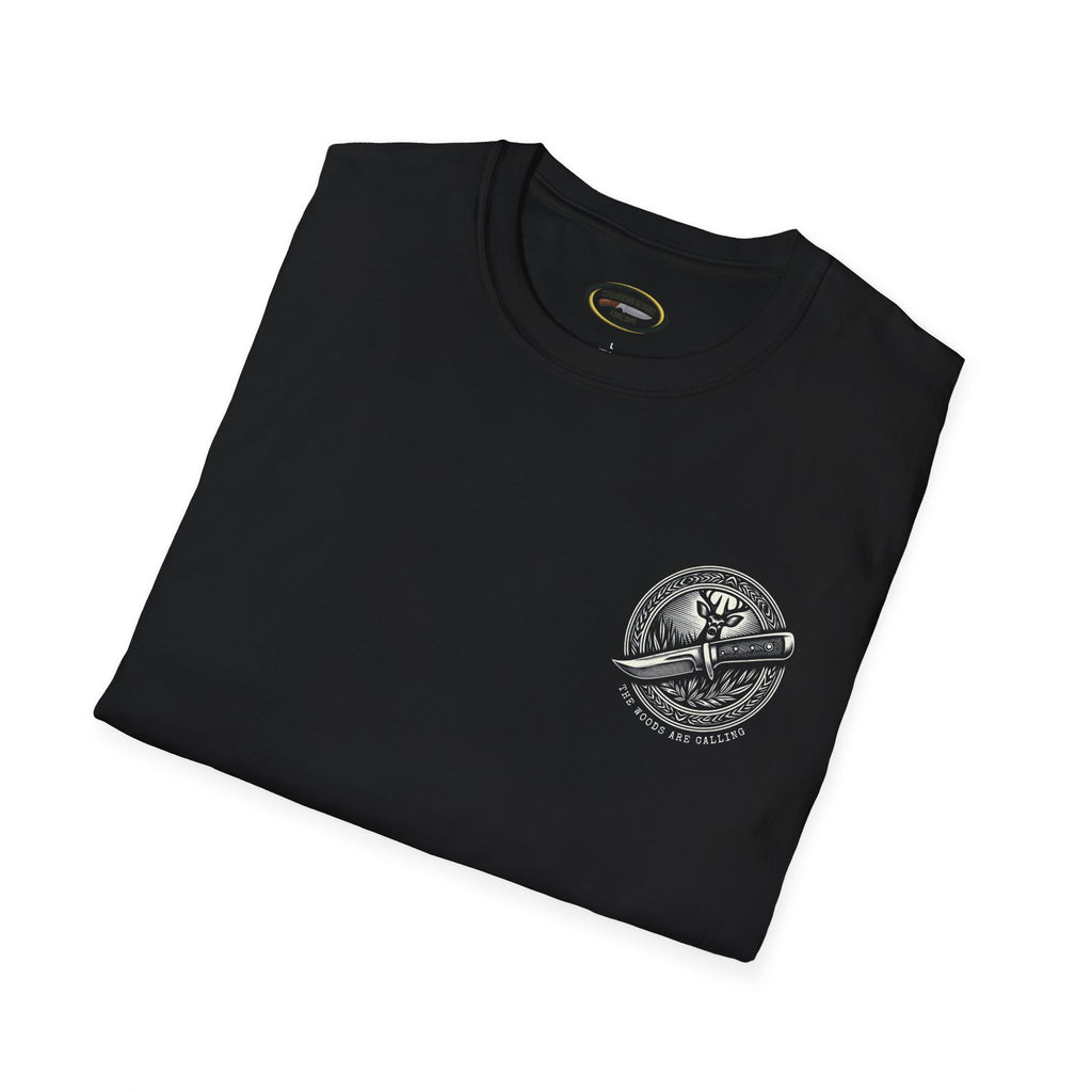 The woods are calling Tee - Unisex Deer and Knife Print T-Shirt for Outdoor Enthusiasts and Nature Lovers