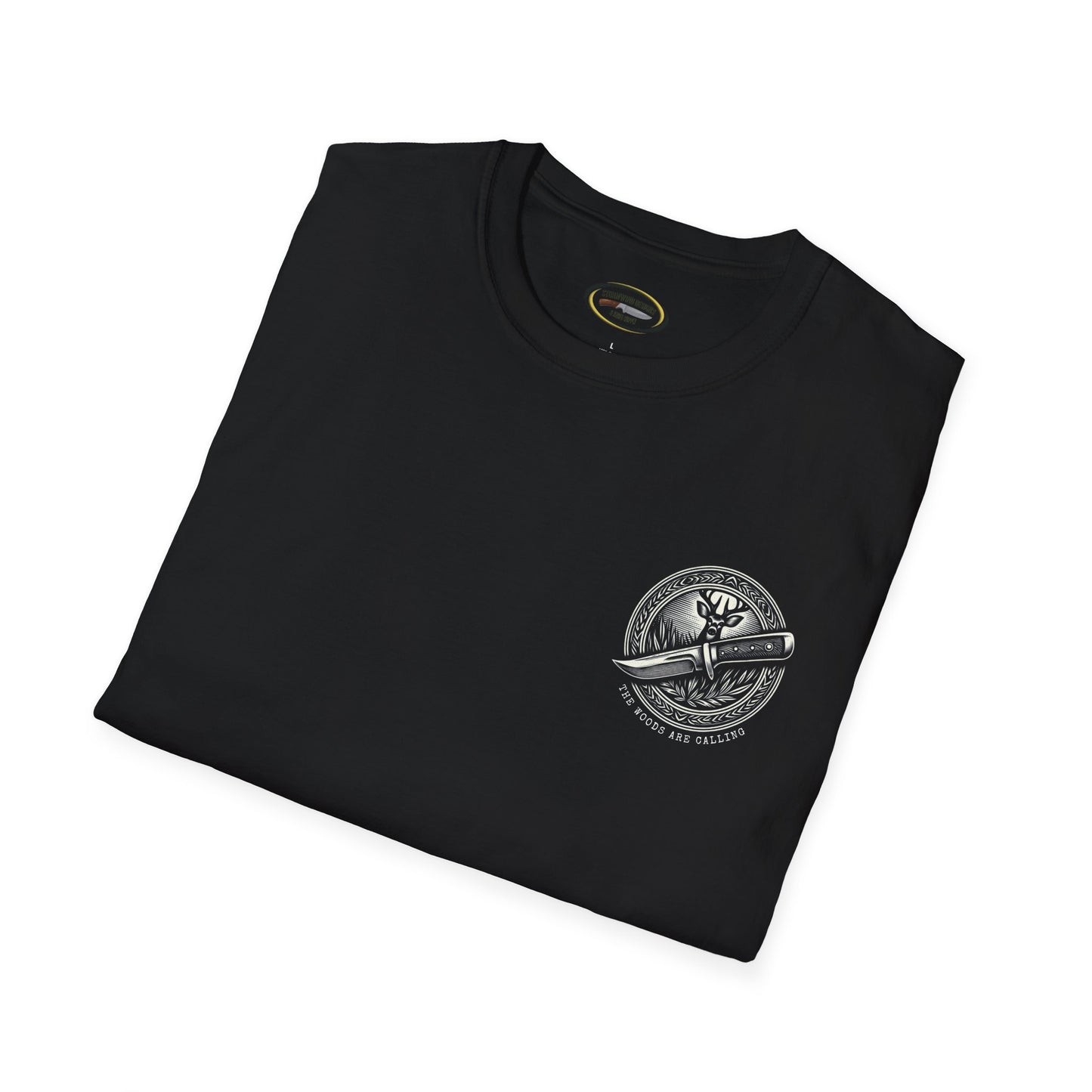 The woods are calling Tee - Unisex Deer and Knife Print T-Shirt for Outdoor Enthusiasts and Nature Lovers