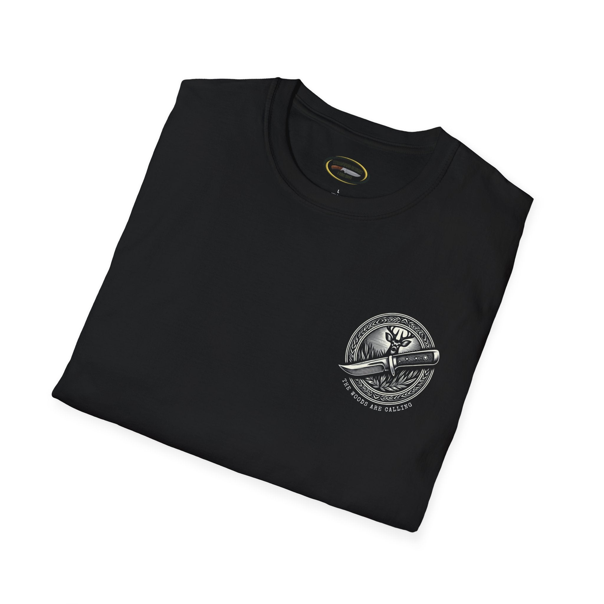 The woods are calling Tee - Unisex Deer and Knife Print T-Shirt for Outdoor Enthusiasts and Nature Lovers