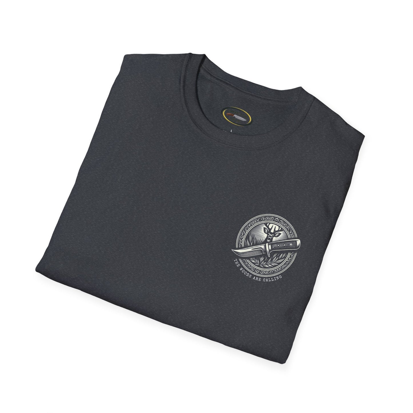 The woods are calling Tee - Unisex Deer and Knife Print T-Shirt for Outdoor Enthusiasts and Nature Lovers