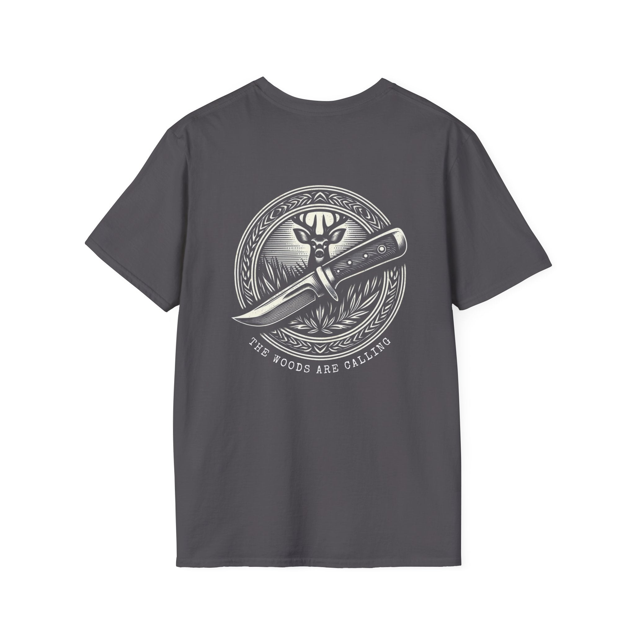The woods are calling Tee - Unisex Deer and Knife Print T-Shirt for Outdoor Enthusiasts and Nature Lovers