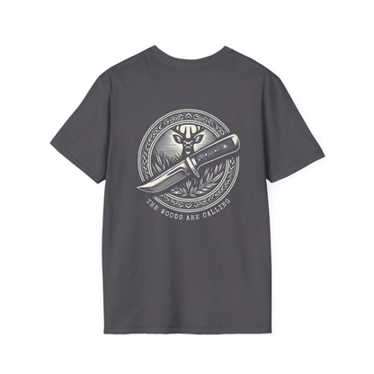 The woods are calling Tee - Unisex Deer and Knife Print T-Shirt for Outdoor Enthusiasts and Nature Lovers