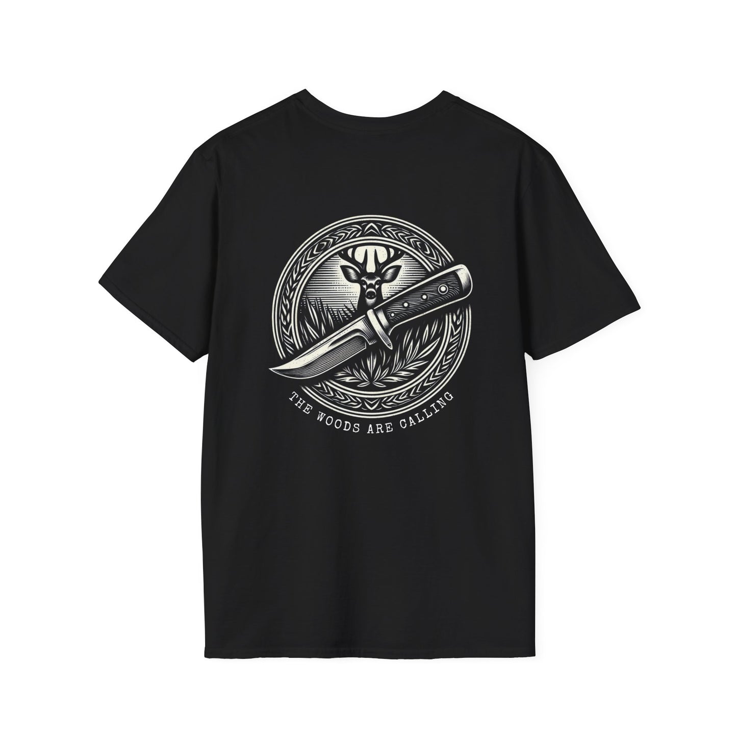 The woods are calling Tee - Unisex Deer and Knife Print T-Shirt for Outdoor Enthusiasts and Nature Lovers