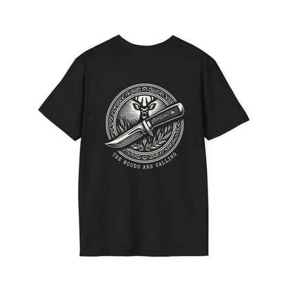 The woods are calling Tee - Unisex Deer and Knife Print T-Shirt for Outdoor Enthusiasts and Nature Lovers