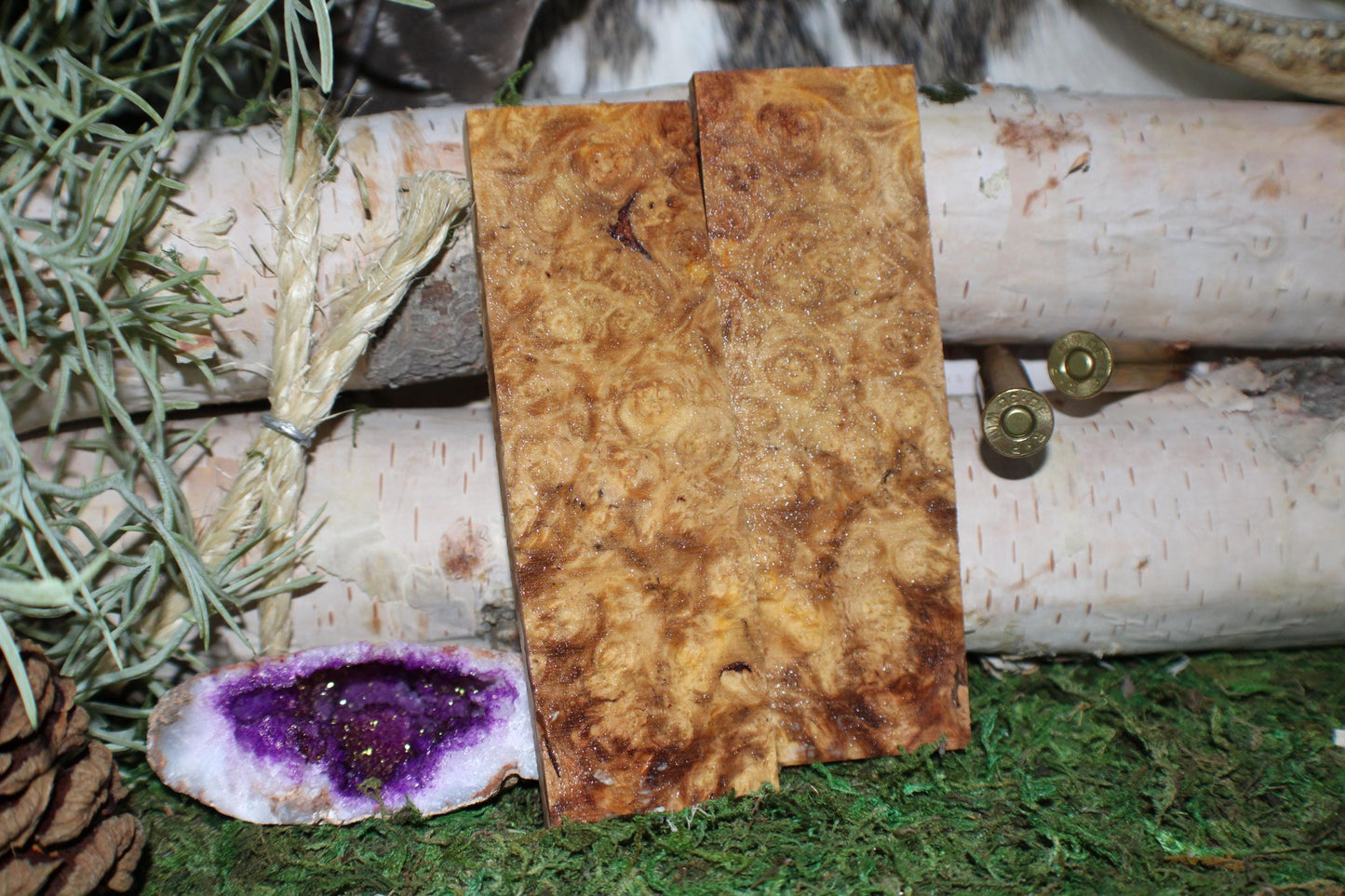 Stabilized Amboyna Burl Knife Scales  Bookmatched Narra Wood Handle Slabs