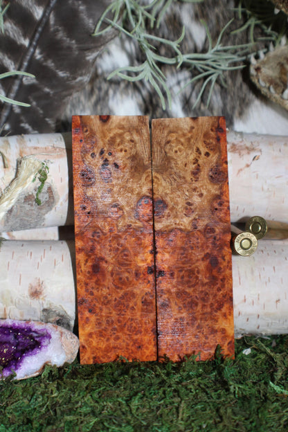 Stabilized Amboyna Burl Knife Scales  Bookmatched Narra Wood Handle Slabs