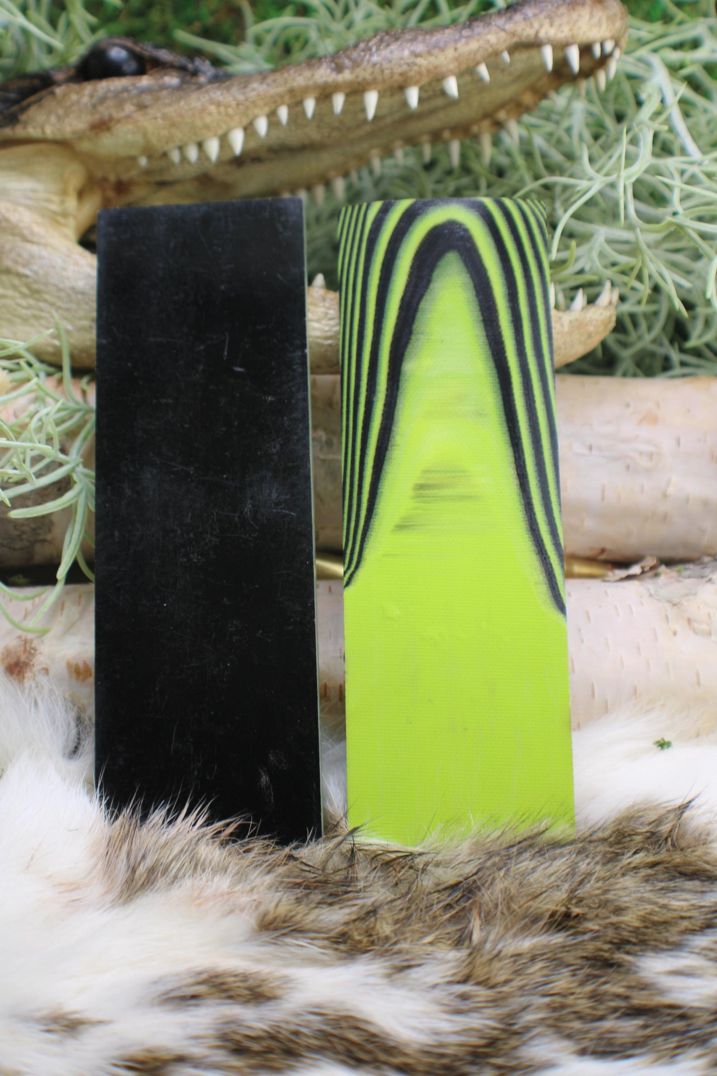 Knife Handle Pair black and Lime fluorescent Green g10 approximately 6.25x 2 x .25