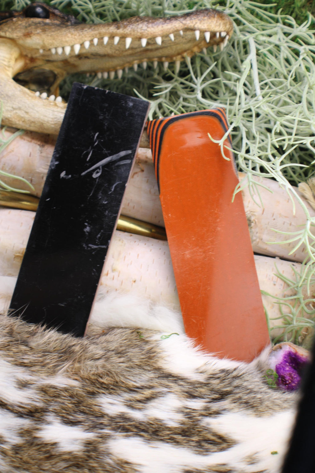 Knife Handle Pair Black and Burnt Orange G10 approximately 6.25x 2 x .25