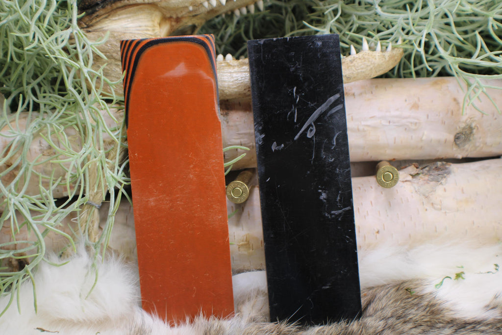 Knife Handle Pair Black and Burnt Orange G10 approximately 6.25x 2 x .25