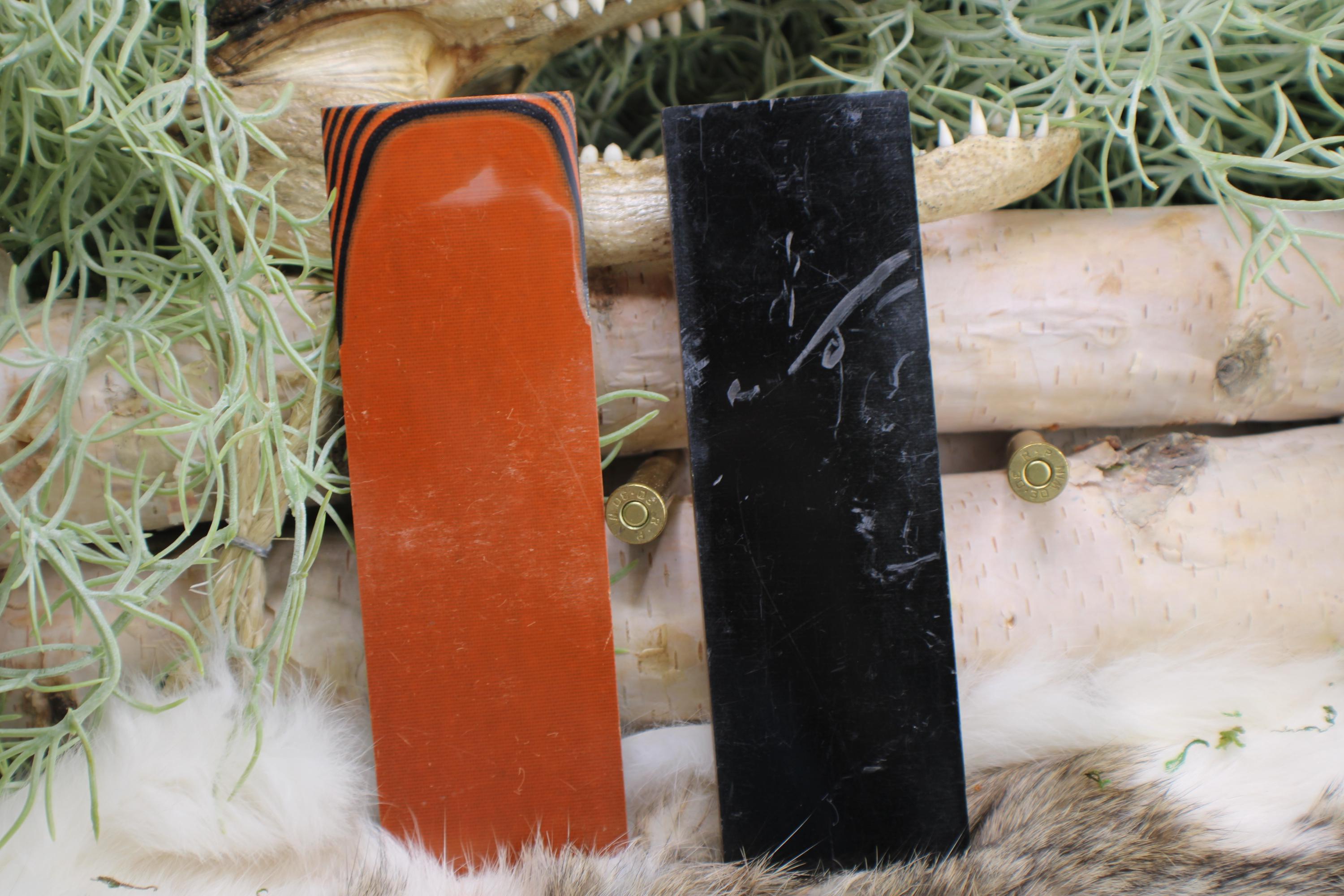 Knife Handle Pair Black and Burnt Orange G10 approximately 6.25x 2 x .25
