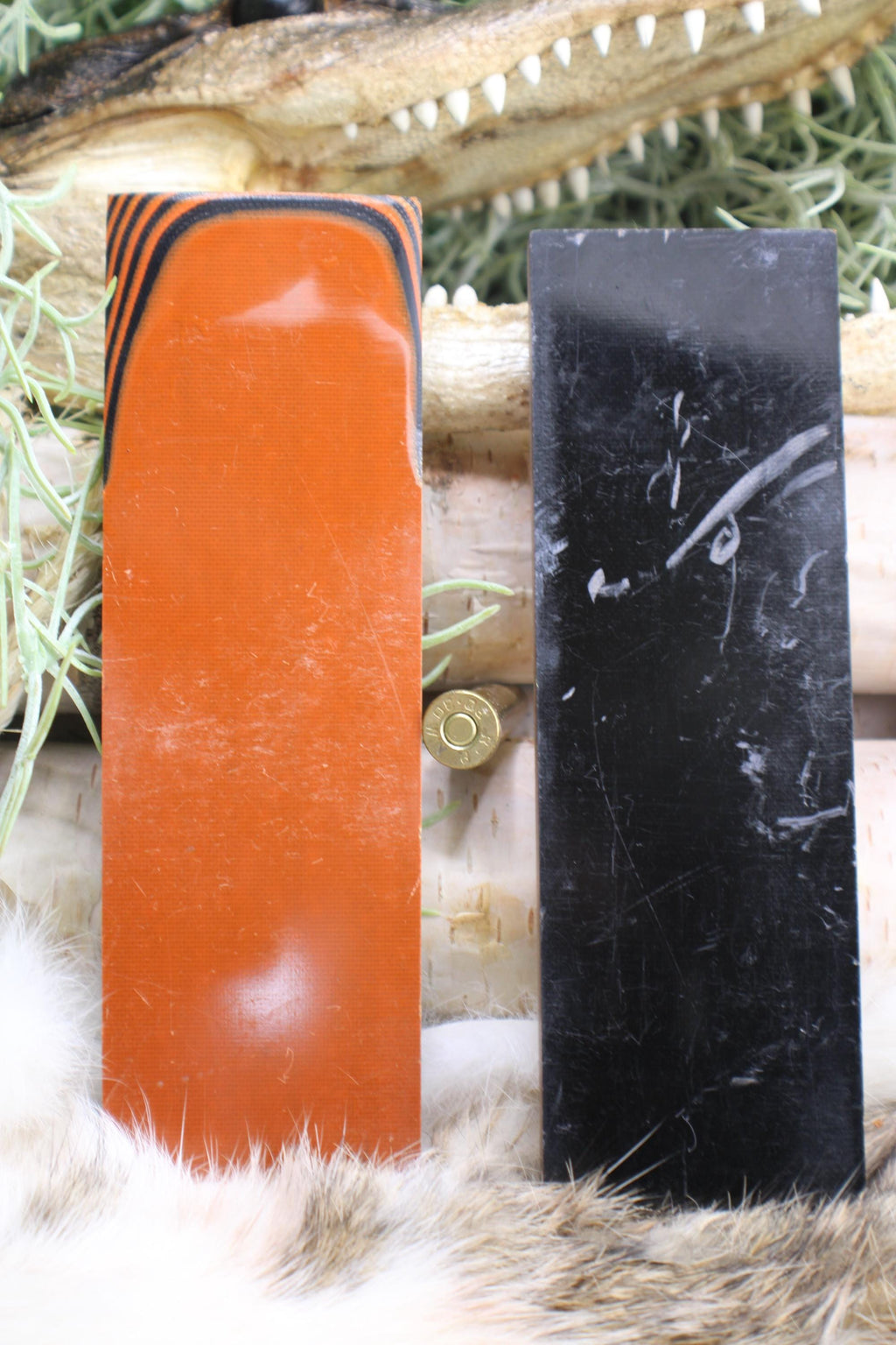 Knife Handle Pair Black and Burnt Orange G10 approximately 6.25x 2 x .25