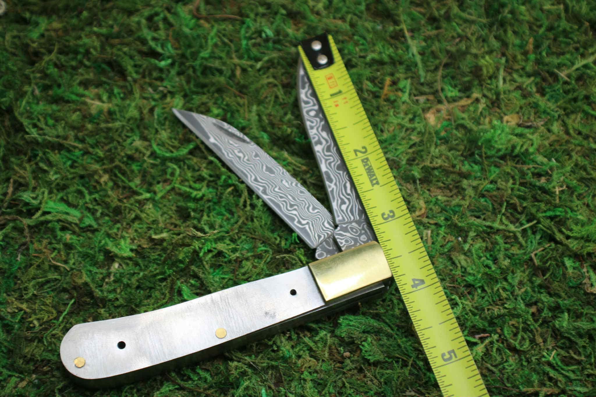 DIY Damascus Steel Folding Knife Kit: San Mai Blade Blank, Brass Bolsters