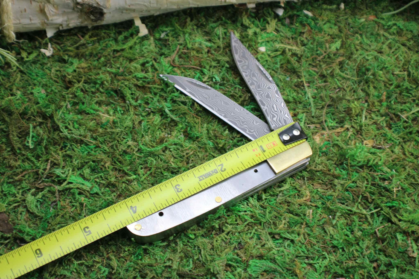 DIY Damascus Steel Folding Knife Kit: San Mai Blade Blank, Brass Bolsters