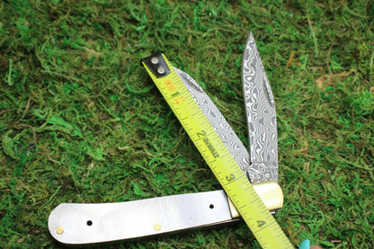 DIY Damascus Steel Folding Knife Kit: San Mai Blade Blank, Brass Bolsters