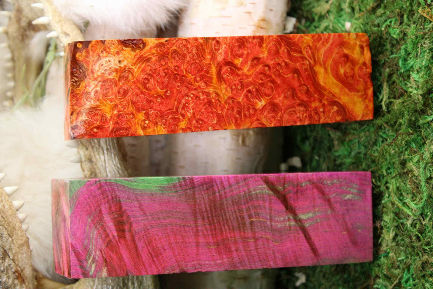 Dyed Maple Burl Knife Handle Block: Stabilized Exotic Wood Scale - Bookmatched