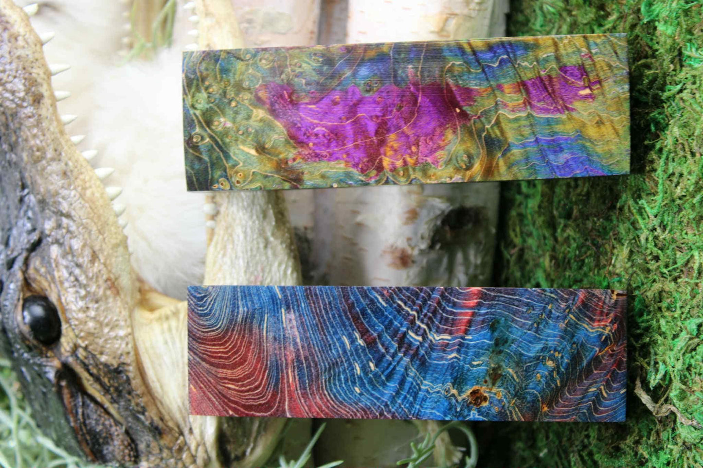 Dyed Maple Burl Knife Handle Block: Stabilized Exotic Wood Scale - Bookmatched