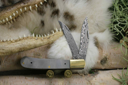 DIY Damascus Steel Folding Knife Kit: San Mai Blade Blank, Brass Bolsters