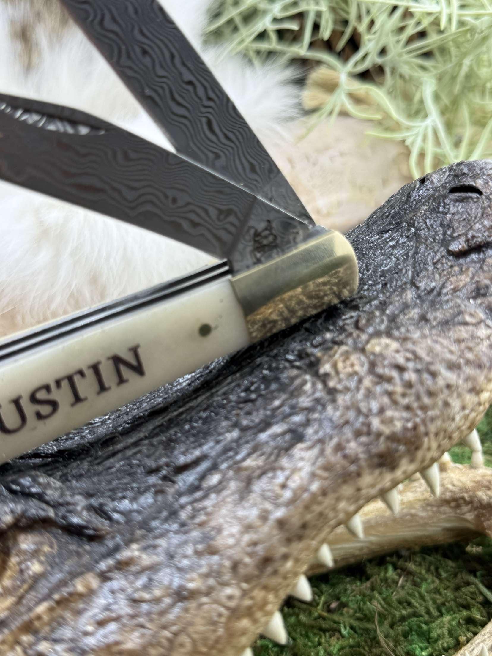 Personalized Damascus Steel Folding Knife camel bone scales: San Mai Blade, Brass Bolsters, engraved