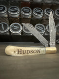 Personalized Damascus Steel Folding Knife camel bone scales: San Mai Blade, Brass Bolsters, engraved