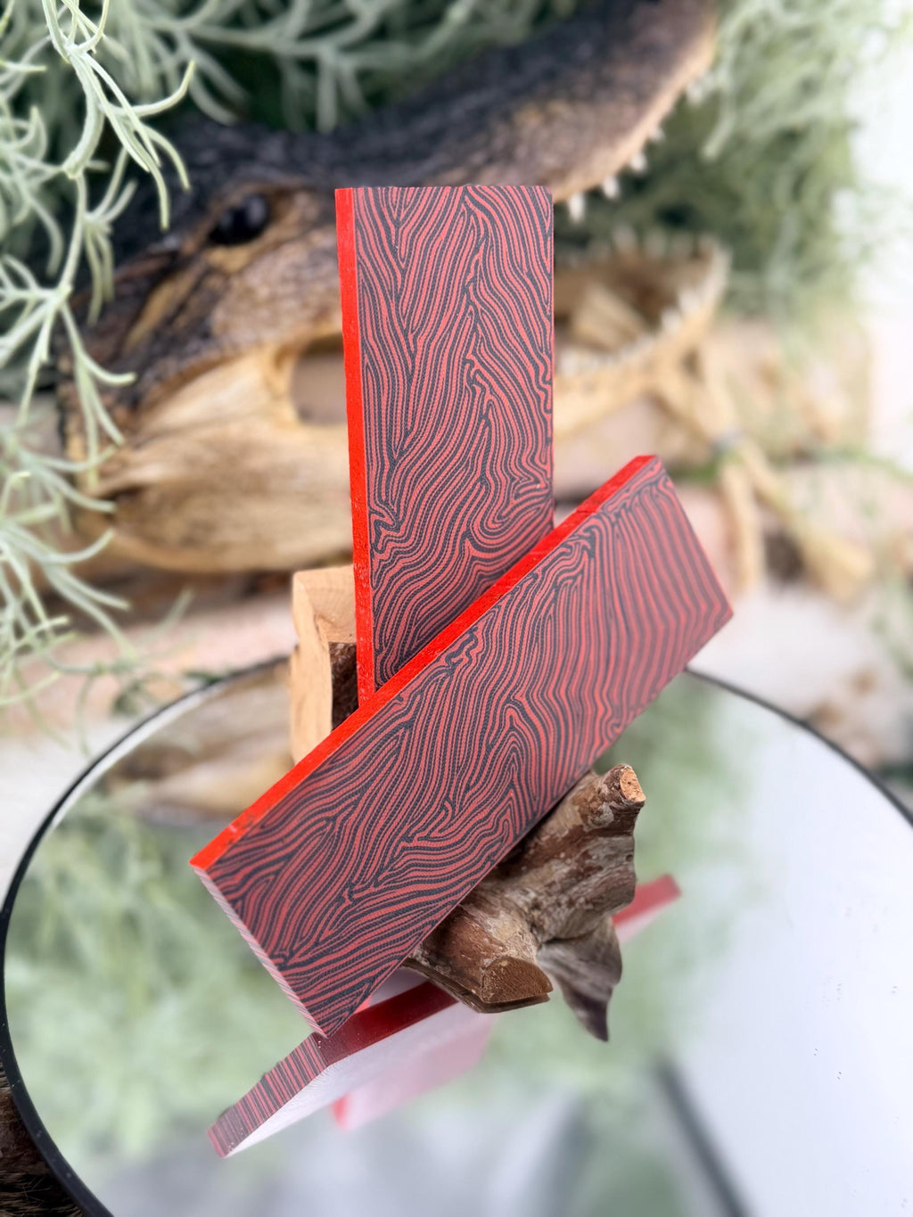 Red Black Damascus G10 Knife Scales – Textured Composite Handle Material