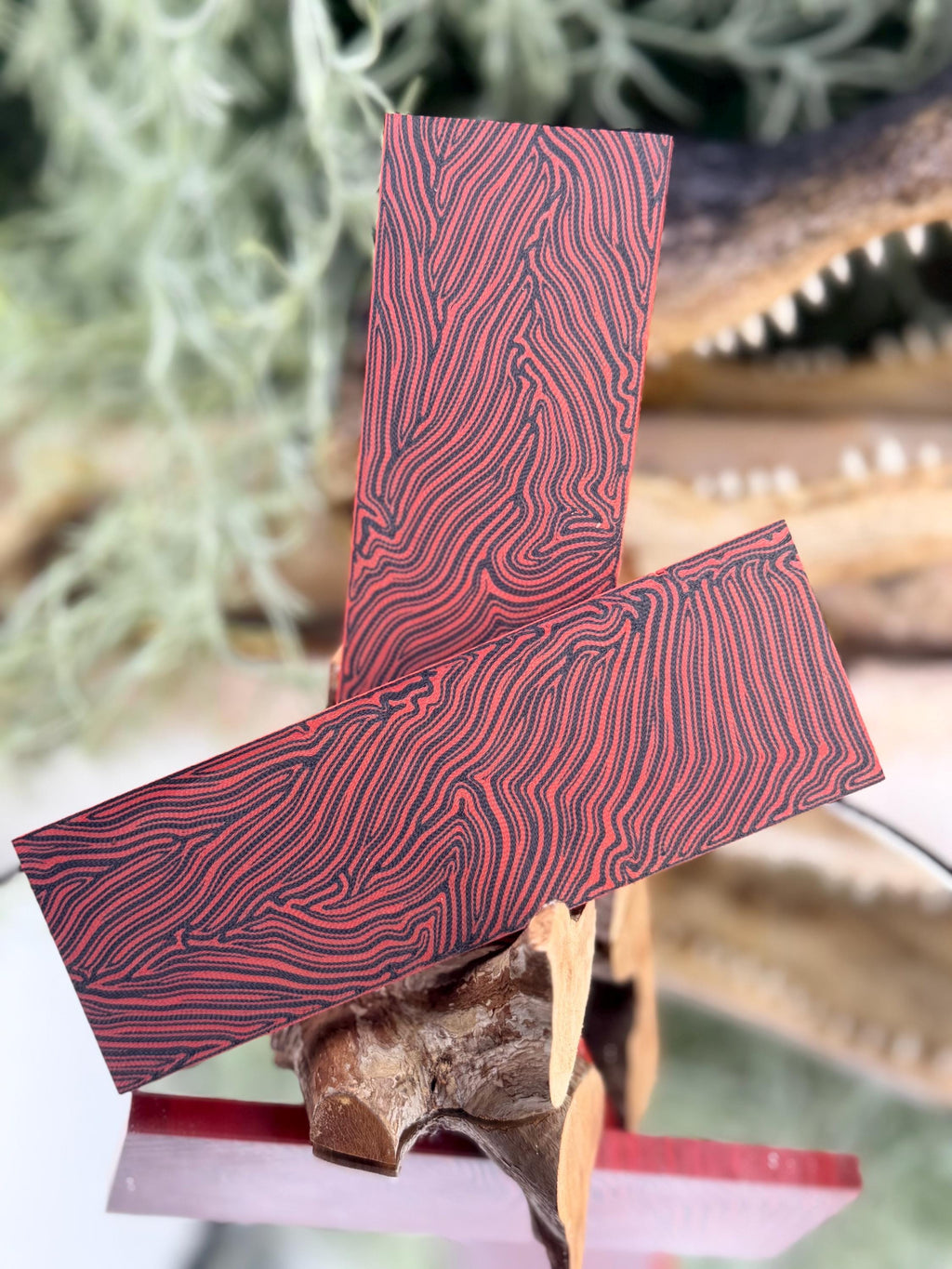 Red Black Damascus G10 Knife Scales – Textured Composite Handle Material