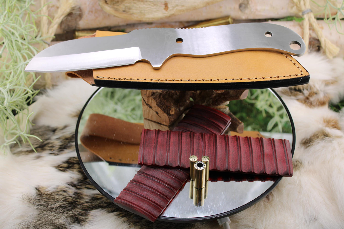 DIY Knife Making Kit1: Sheep Foot Blade, Red Camel Bone Scales, Mosaic Pins, Sheath