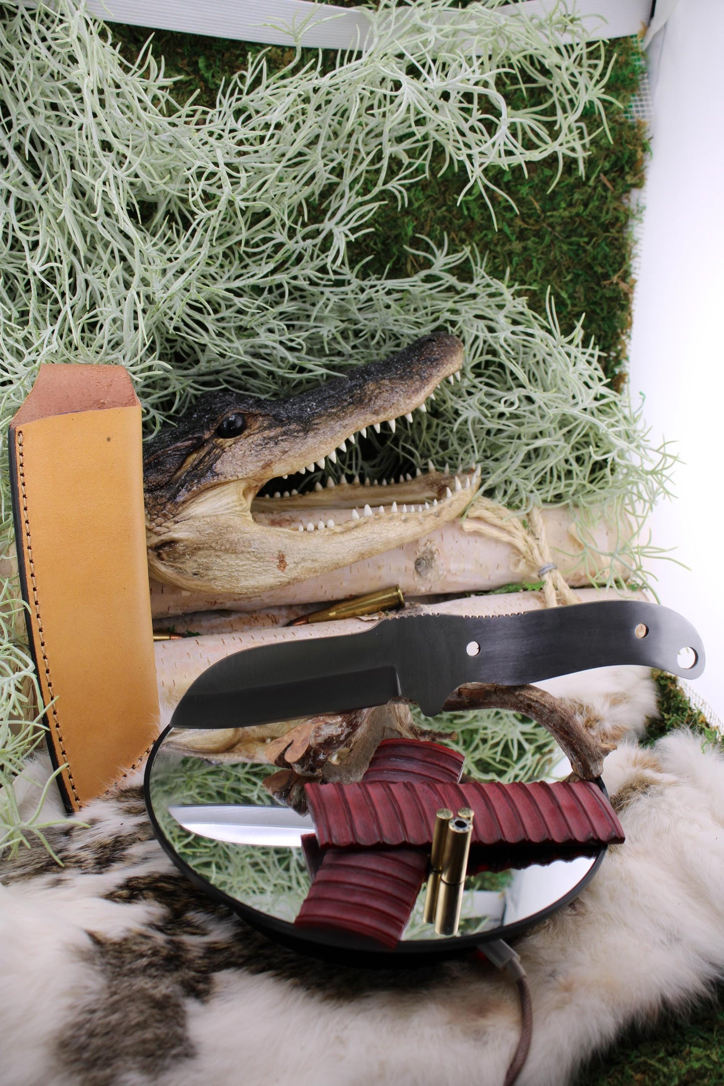 DIY Knife Making Kit1: Sheep Foot Blade, Red Camel Bone Scales, Mosaic Pins, Sheath