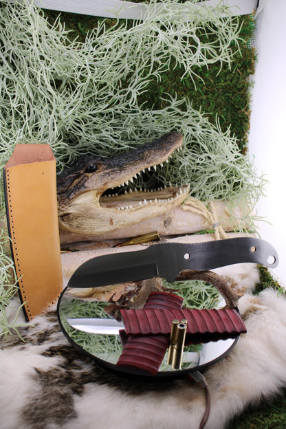 DIY Knife Making Kit1: Sheep Foot Blade, Red Camel Bone Scales, Mosaic Pins, Sheath
