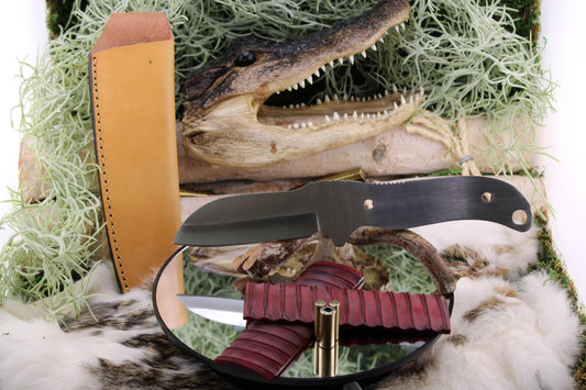 DIY Knife Making Kit1: Sheep Foot Blade, Red Camel Bone Scales, Mosaic Pins, Sheath