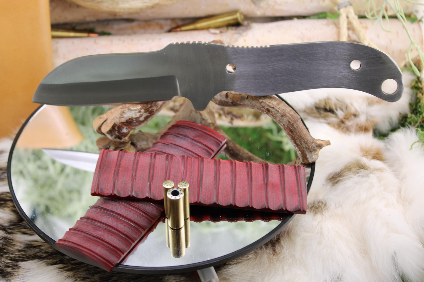 DIY Knife Making Kit1: Sheep Foot Blade, Red Camel Bone Scales, Mosaic Pins, Sheath