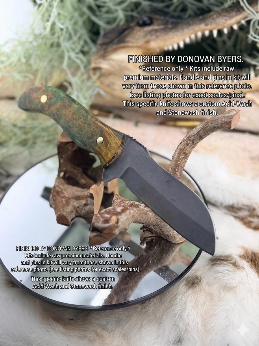 DIY Knife Making Kit1: Sheep Foot Blade, Red Camel Bone Scales, Mosaic Pins, Sheath