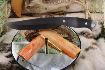 DIY Clip Point Hunter Knife Kit7: Aged Camel Bone, Brass Pins, Sheath Included
