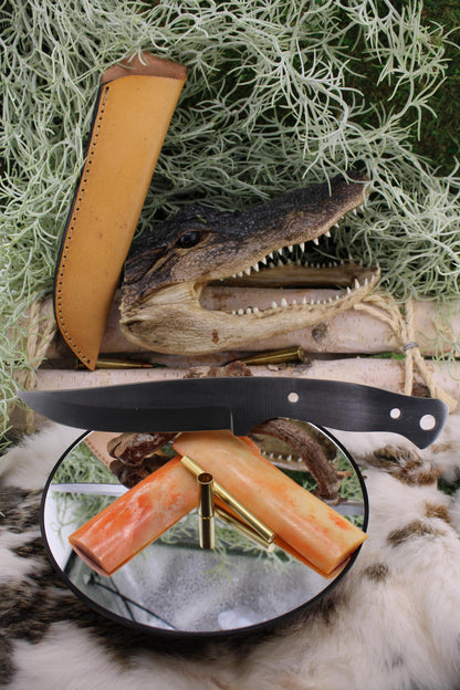DIY Clip Point Hunter Knife Kit7: Aged Camel Bone, Brass Pins, Sheath Included