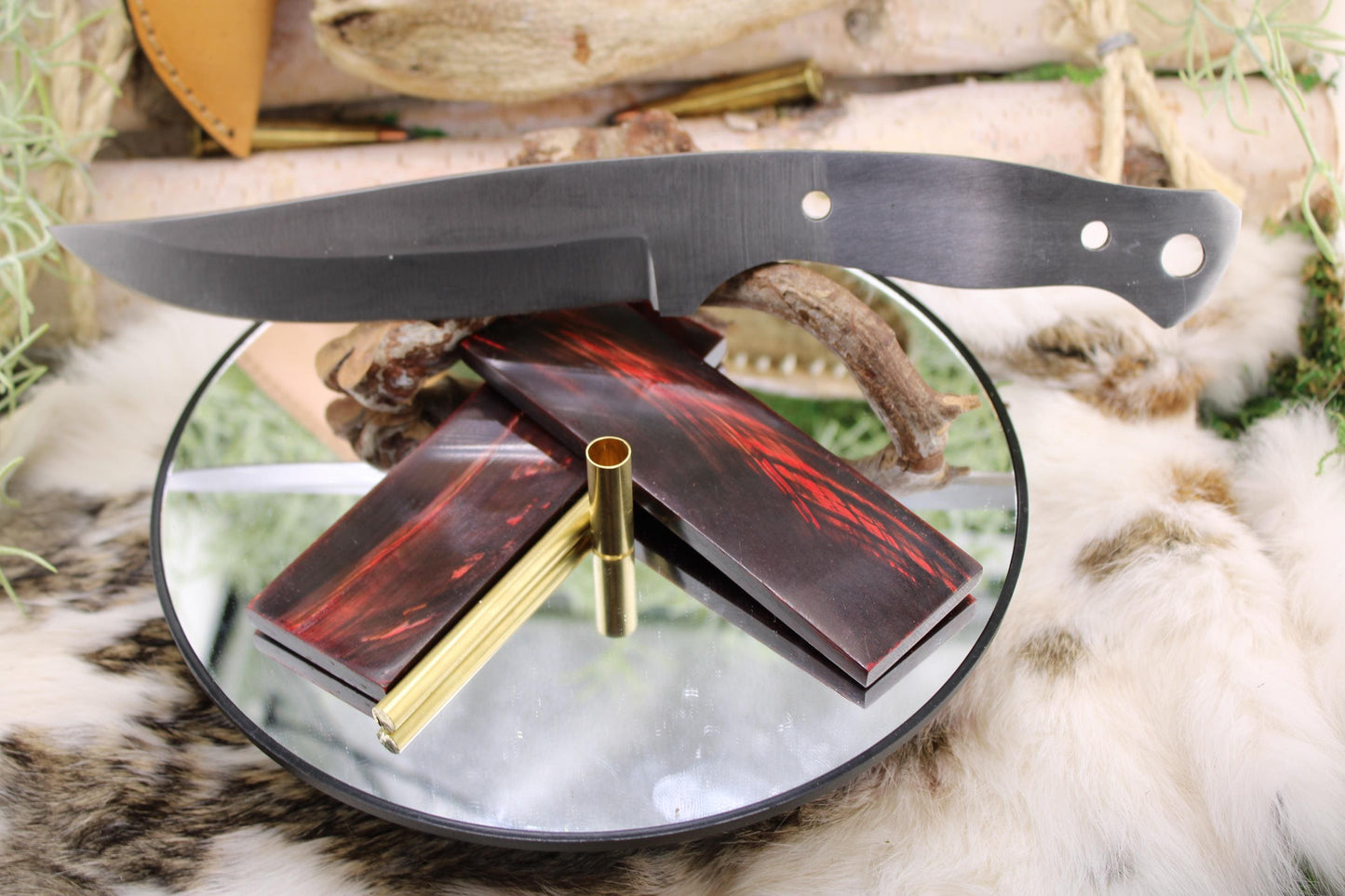 DIY Clip Point Hunter Knife Kit8: Red Buffalo Horn Scales, Brass Pins, Sheath