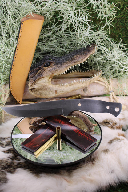 DIY Clip Point Hunter Knife Kit8: Red Buffalo Horn Scales, Brass Pins, Sheath