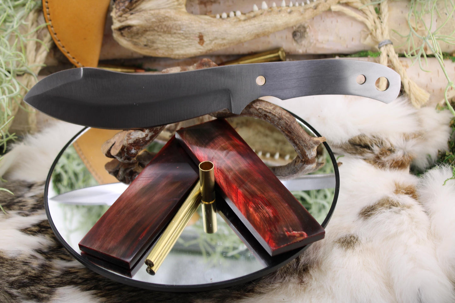 DIY Knife Making Kit12: Nesmuk Blade, Red Buffalo Horn Scales, Brass Hardware, Sheath