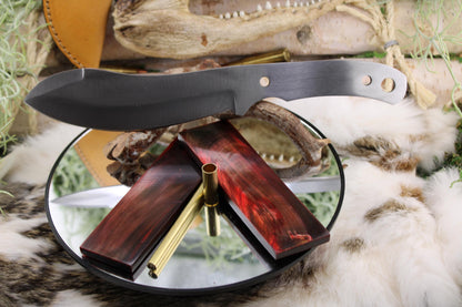 DIY Knife Making Kit12: Nesmuk Blade, Red Buffalo Horn Scales, Brass Hardware, Sheath