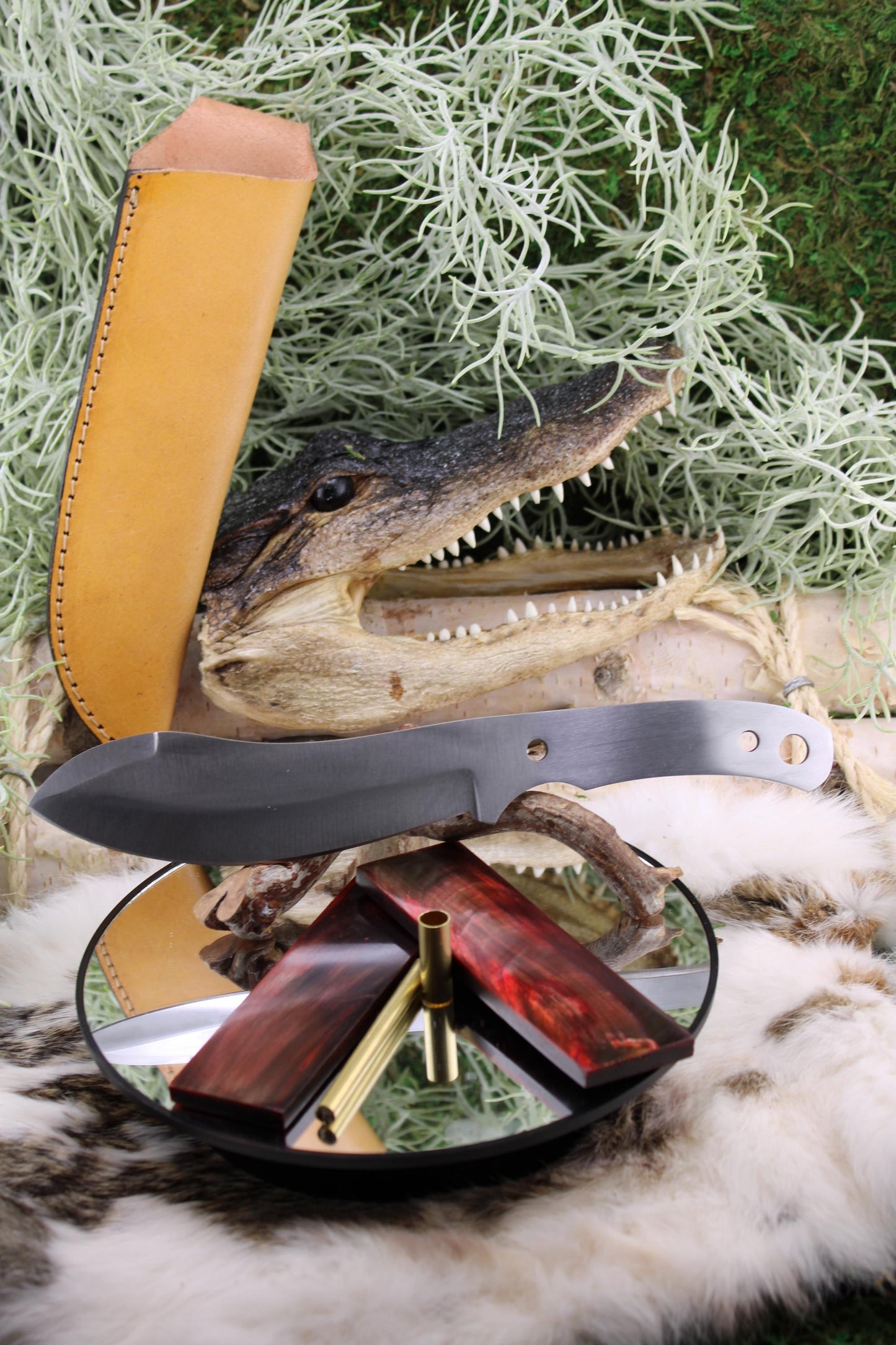 DIY Knife Making Kit12: Nesmuk Blade, Red Buffalo Horn Scales, Brass Hardware, Sheath