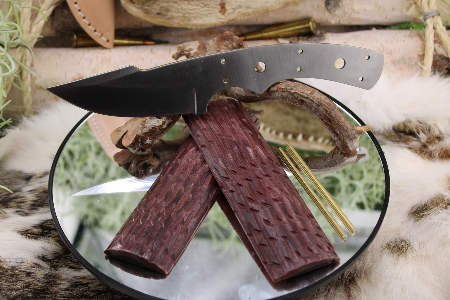 DIY Knife Making Kit15: Harpoon Hunter Blade, Stag Jigged Red Bone Scales, Brass Pins